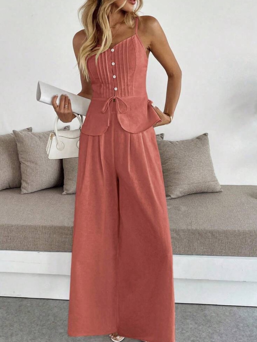 Orange 2 Piece Wide-Leg Pants with Structured Corset Bodice Top Set - Picture 3 of 6